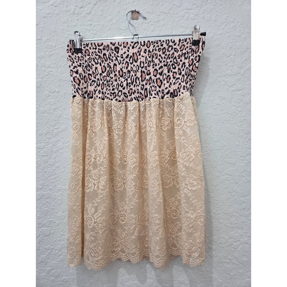 Womens Leopard Smocked Lace Boho Mini Skirt XL Tan